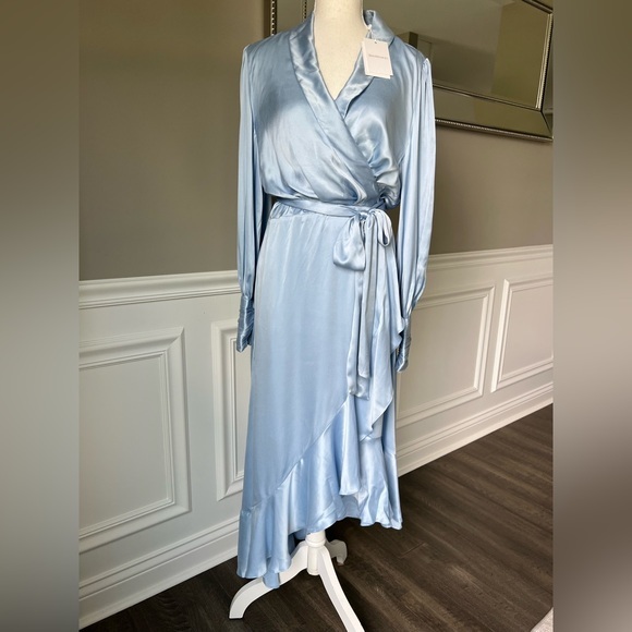 ZIMMERMANN Long Sleeve Asymmetric Silk Wrap Dress Blue sz 3 US 8/10 NWT 675$